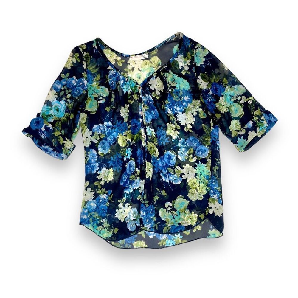A’GACI Semi- Sheer Floral Print Blouse Sz M